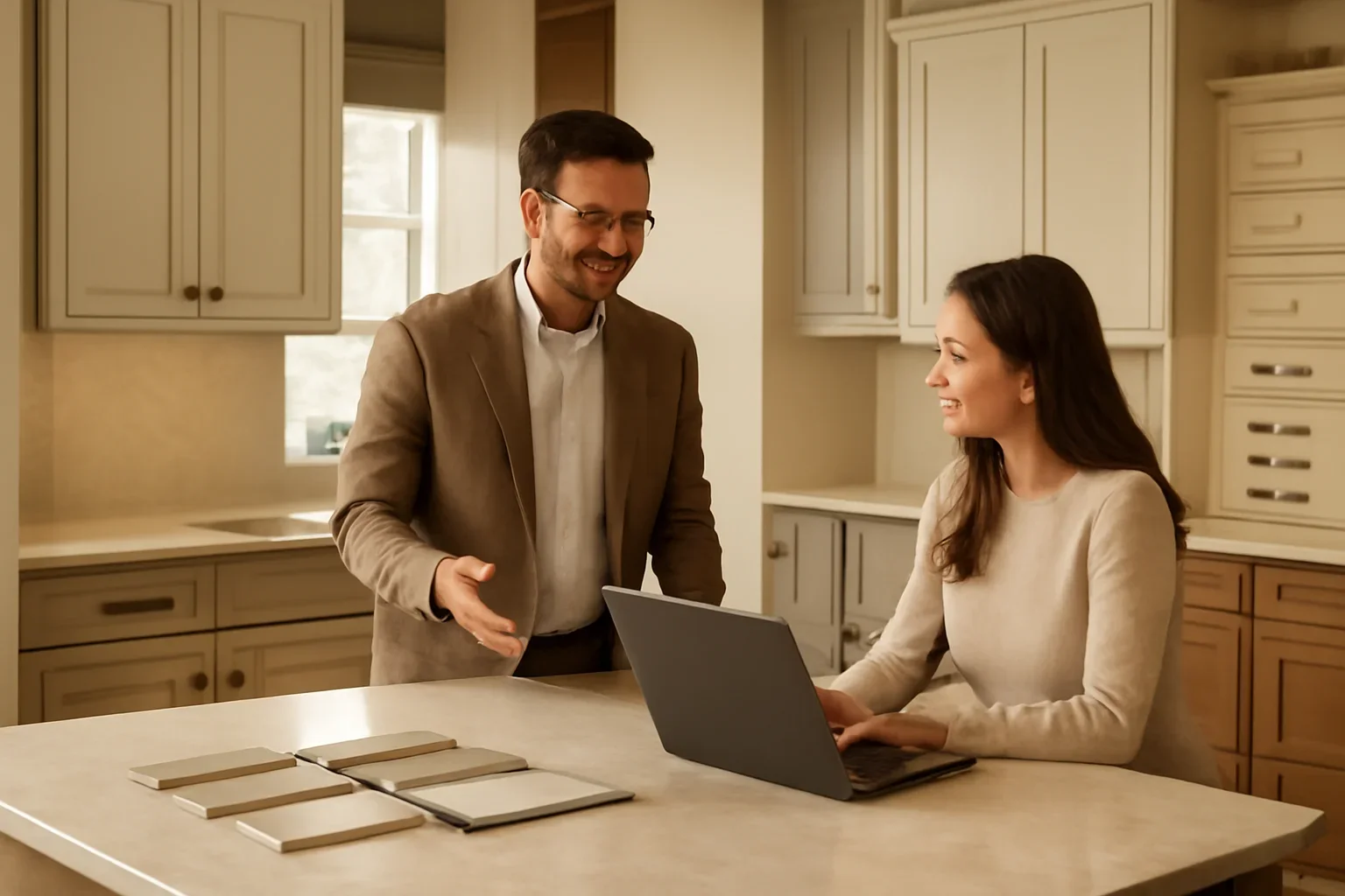 Kitchen & Bath Design House showroom consultation with cabinetry and countertop displays