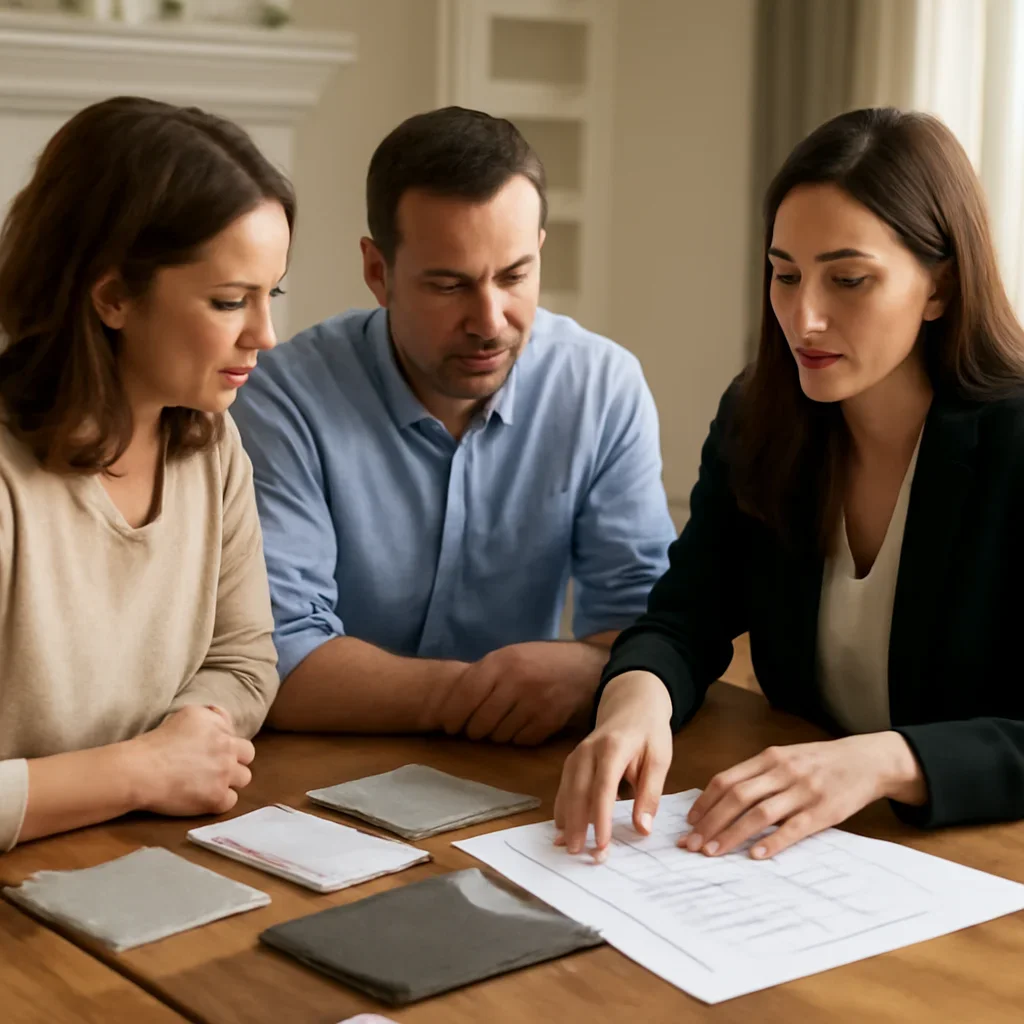 designer reviewing renovation samples, finish boards, and layout notes with homeowners